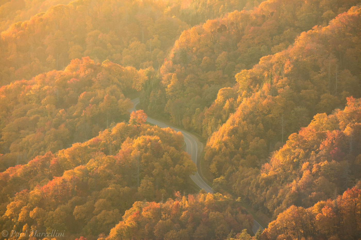 A road cuts through the ridges of the Appalachians on the North Carolina side of the Smokies.